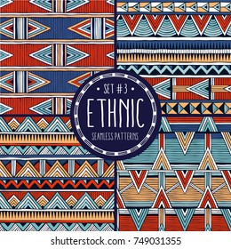 Multicolor ethnic backgrounds collection. Set of 4 modern abstract seamless backgrounds. All patterns are available under the clipping mask. EPS10 vector illustration.