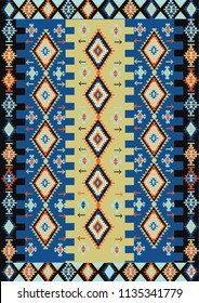 Multicolor Ethnic Carpet Design with Rhombus Elements and Border