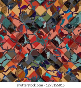 Multicolor ethnic pattern of leaves and flowers. Folk motifs. For fabric, wallpaper or cover. elements arranged in stripes. Originally decorated with multi-colored rhombuses.