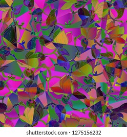Multicolor ethnic pattern of leaves and flowers. Folk motifs. For fabric, wallpaper or cover. elements arranged in stripes. Originally decorated with multi-colored rhombuses.