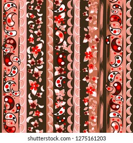 Multicolor ethnic pattern of leaves, flowers and paisley elements. Folk motives. For fabric, wallpaper or cover. elements arranged in stripes