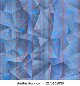 Multicolor ethnic pattern of leaves, flowers and paisley elements. Folk motives. For fabric, wallpaper or cover. elements arranged in stripes. Originally decorated with multicolored triangles