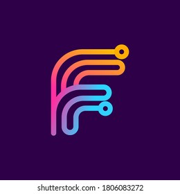 Multicolor F letter logo made of electric wire. This rounded striped icon can be used for tech ads, solder posters, energy company identity, etc.