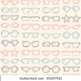 Multicolor Fashionable accessories. Hand Drawn Doodle Glasses Seamless pattern. Different shapes sunglasses, eyeglasses - Vector illustration 