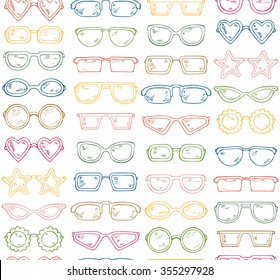 Multicolor Fashionable accessories. Hand Drawn Doodle Glasses Seamless pattern. Different shapes sunglasses, eyeglasses - Colorful Vector illustration 