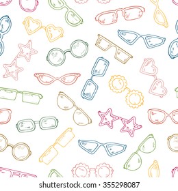 Multicolor Fashionable accessories. Hand Drawn Doodle Glasses Seamless pattern. Different shapes sunglasses, eyeglasses - Colorful Vector illustration 