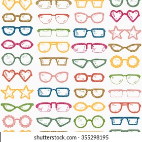 Multicolor Fashionable accessories. Hand Drawn Doodle Glasses Seamless pattern. Different shapes sunglasses, eyeglasses - Colorful Vector illustration 