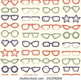 Multicolor Fashionable accessories. Hand Drawn Doodle Glasses Seamless pattern. Different shapes sunglasses, eyeglasses - Colorful Vector illustration 