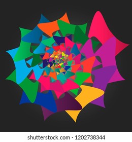 Multicolor festive Abstract spiral figure rotation. Black background.