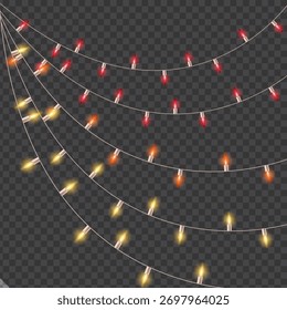 Multicolor Festive Christmas String Lights Garland on Transparent Background,  Hanging Lights Decoration for Holiday Parties