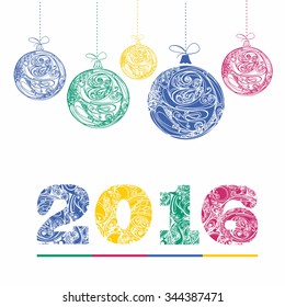 multicolor figures 2016 and christmas decorations. New year card. Vector illustration red, blue, green, yellow