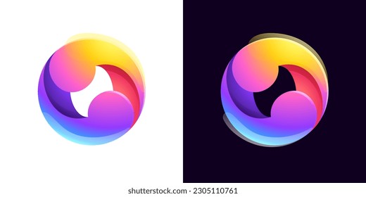 Multicolor fintech logo. Abstract gradient sphere icon. Yin and yang circle emblem. Vector colorful lilac sign. Perfect for blockchain app, vibrant branding, banking identity, e-commerce business.