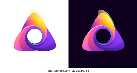 Multicolor fintech logo. Abstract gradient triangle icon. Infinity rotation emblem. Vector colorful triple sign. Perfect for blockchain app, vibrant branding, banking identity, e-commerce business.