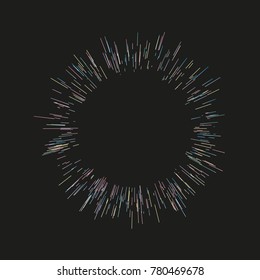 Multicolor fireworks Festive background Radiating from the center of thin beams, lines. Vector illustration. Dynamic style. Abstract explosion, speed motion lines from the middle, radiating sharp