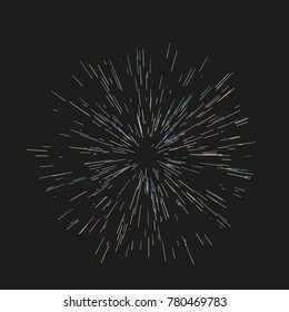 Multicolor fireworks Festive background Radiating from the center of thin beams, lines. Vector illustration. Dynamic style. Abstract explosion, speed motion lines from the middle, radiating sharp