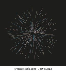 Multicolor fireworks Festive background Radiating from the center of thin beams, lines. Vector illustration. Dynamic style. Abstract explosion, speed motion lines from the middle, radiating sharp