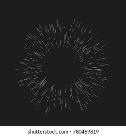 Multicolor fireworks Festive background Radiating from the center of thin beams, lines. Vector illustration. Dynamic style. Abstract explosion, speed motion lines from the middle, radiating sharp