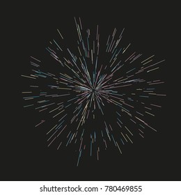 Multicolor fireworks Festive background Radiating from the center of thin beams, lines. Vector illustration. Dynamic style. Abstract explosion, speed motion lines from the middle, radiating sharp
