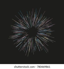 Multicolor fireworks Festive background Radiating from the center of thin beams, lines. Vector illustration. Dynamic style. Abstract explosion, speed motion lines from the middle, radiating sharp