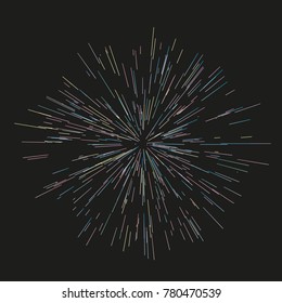 Multicolor fireworks Festive background Radiating from the center of thin beams, lines. Vector illustration. Dynamic style. Abstract explosion, speed motion lines from the middle, radiating sharp