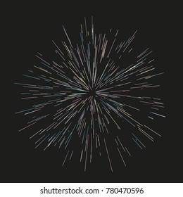 Multicolor fireworks Festive background Radiating from the center of thin beams, lines. Vector illustration. Dynamic style. Abstract explosion, speed motion lines from the middle, radiating sharp