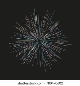 Multicolor fireworks Festive background Radiating from the center of thin beams, lines. Vector illustration. Dynamic style. Abstract explosion, speed motion lines from the middle, radiating sharp