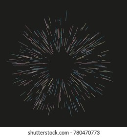 Multicolor fireworks Festive background Radiating from the center of thin beams, lines. Vector illustration. Dynamic style. Abstract explosion, speed motion lines from the middle, radiating sharp