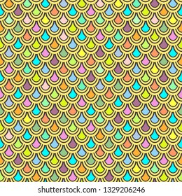 Multicolor fish scales seamless pattern, graphic ornament, animalistic ornament, rainbow illustration, vector background. Colorful bright round scales in row. Wallpaper, fabric design, textile print