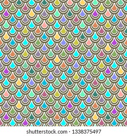 Multicolor fish scales seamless pattern, graphic ornament, animalistic ornament, rainbow illustration, vector background. Colorful bright round scales in row. Wallpaper, fabric design, textile print