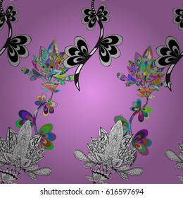 Multicolor floral background. Multicolored painting with abstract flowers, leaves and buds. Vector seamless pattern on violet background.