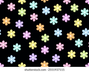 Diseño floral multicolor del doodle del patrón inconsútil en la Ilustración vectorial negra clara del fondo