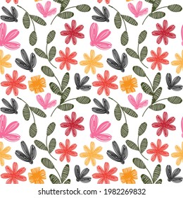 Multicolor floral seamless vector pattern Isolated on White background. Design for use covers, fabric, textile, background and others. Vector art illustration.