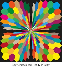 Multicolor floral shape. Radial flower pattern. Psychedelic vector symbol. Color burst artwork.
