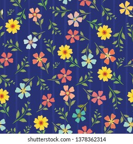 Multicolor floral vector seamless pattern. Pink, blue, yellow, green hand drawn meadow flower on classic blue backdrop. Cute botanical design.  All over print for summer products, packaging 