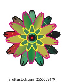 A multicolor flower with a green base, showcasing bold contrasts and dynamic petal arrangements