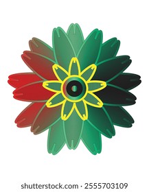 A multicolor flower illustration combining green and red with artistic petal shapes and unique contrasts