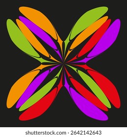 Multicolor flower pattern. Abstract petal ornament. Vector floral symmetry. Black background image.