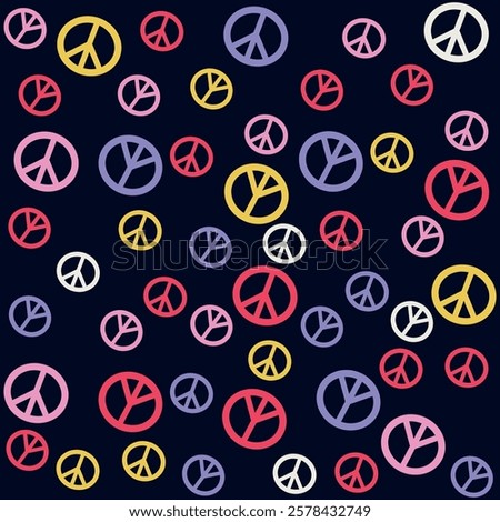Multicolor flower pattern with leaves and petals in different sizes and shapes, with hearts in the center, made with miniprint designs and spring colors, designs with some elements peace and love.
