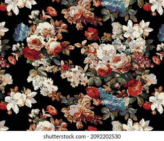 multicolor flowers arrangement with black background illustration textile all over designs vector digital image