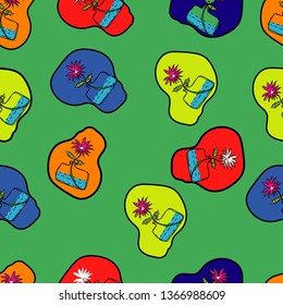 multicolor Flowers on glass pot seamless pattern on green  background with organic form vector