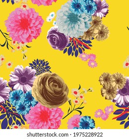 Multicolor flowers in one pattern texture. In yellow Background. Fabric.