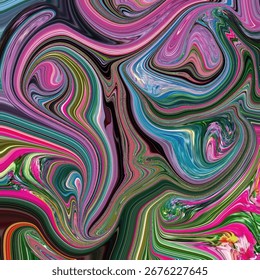 Multicolor fluid art with bold swirls of pink, green, and blue forming abstract motion. Golden keywords: abstract, swirl, fluid, colorful, art.