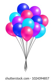 Multicolor flying balloon in bundle realistic design of inflatable balloons of blue pink red and purple color, birthday party decoration elements