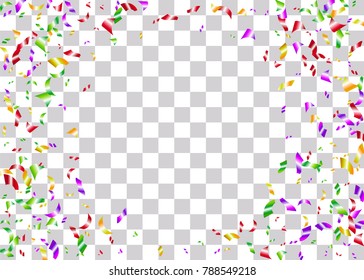 Multicolor frame foil holiday confetti. Shimmer celebration transparent background. Shine vector party illustration. Birthday carnival glitter. Shiny design banner glowing invitation card.