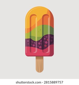 Multicolor fruit popsicle. Frozen juice bar. Layered rainbow colors. Healthy summer treat. Wooden stick. Flat design.