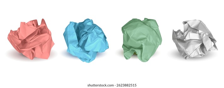 Bolas de papel de lixo multicolorido. Esferas brancas, verdes e azuis, vermelhas e amassadas de papel de lixo raspado usado. Conjunto isolado de vetor de ranhura de cor de alças quebradas.