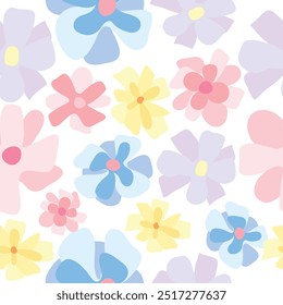 multicolor garden flowers arranged in different colors on surface seamless pattern. transparent looking pastel flowers on white background surface repeat pattern. It is good for print, textile. 