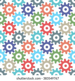 Multicolor gear wheels seamless pattern isolated on white. Cogs of various colors repeating tiles. EPS 8 vector illustration, no transparency