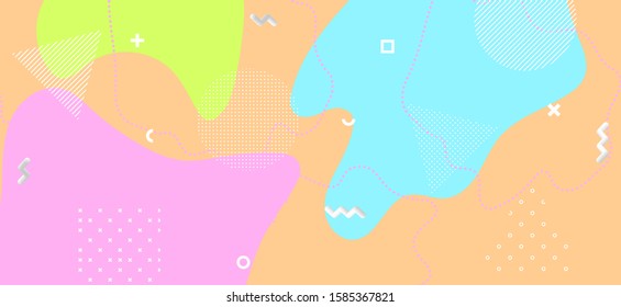 Multicolor Geometric Background. Fashion Fluid Poster. Minimal Memphis Collage. Pastel Cool Texture. Geometric Composition. Vector Wave Design. Abstract Ornament. Colorful Geometric Illustration.