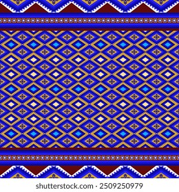 Padrão de arte étnica geométrica multicolor. Folclore abstrato contínuo, estilo de ornamento bordado tribal em azul, cor vermelha.